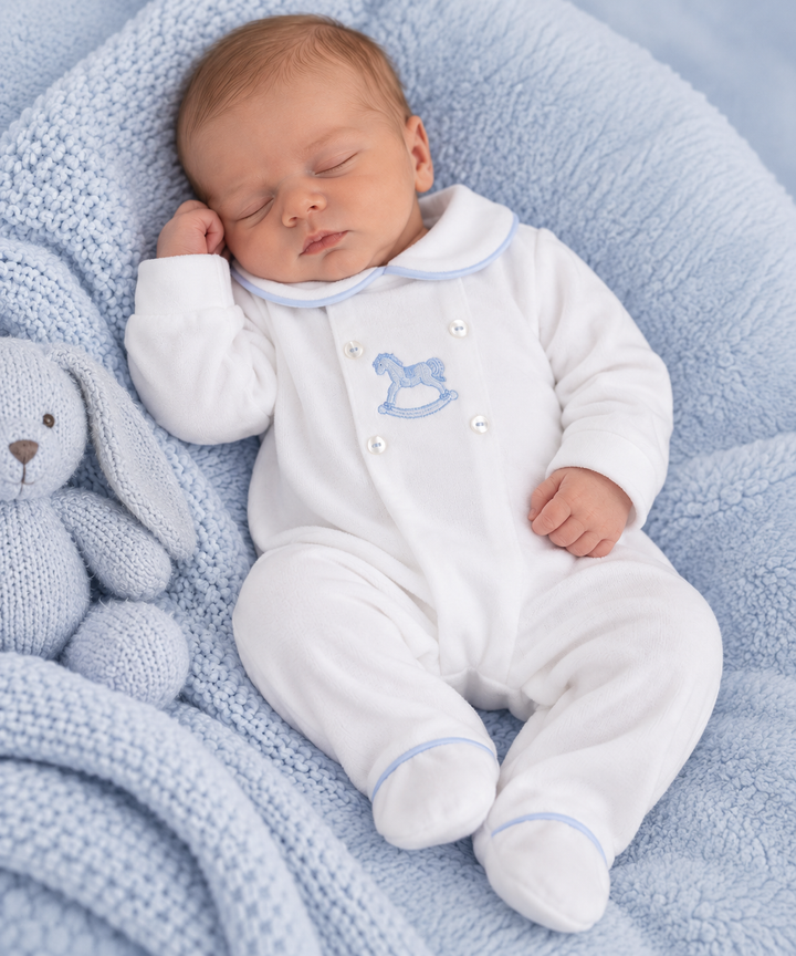 Pex White Blue Rocking Horse Babygrow