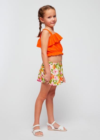 Mayoral Orange Floral Asymmetric Top & Short Set