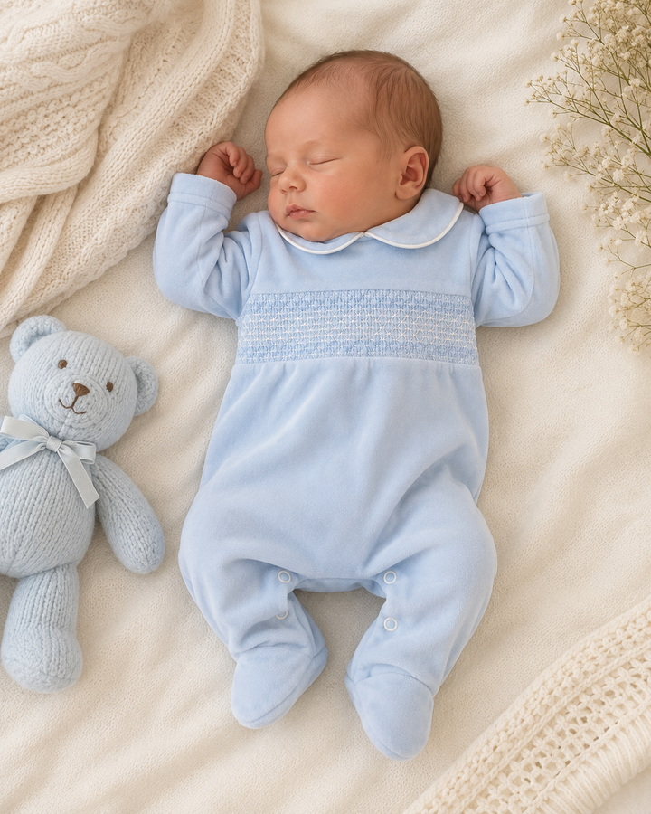 Blue Blue Velour Smocked Babygrow