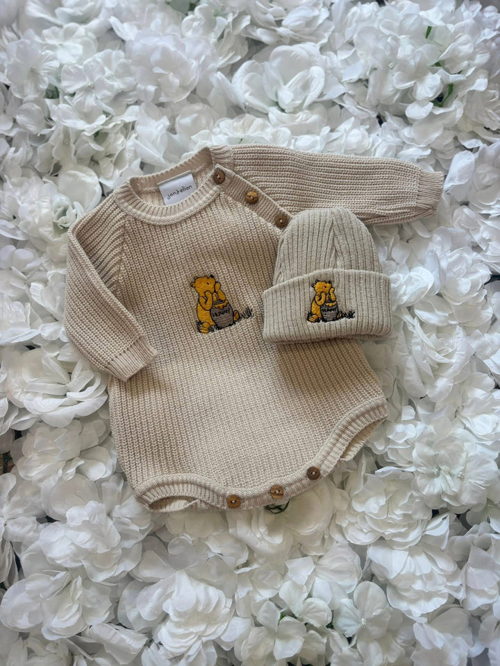 Beige Embroidered Romper And Hat