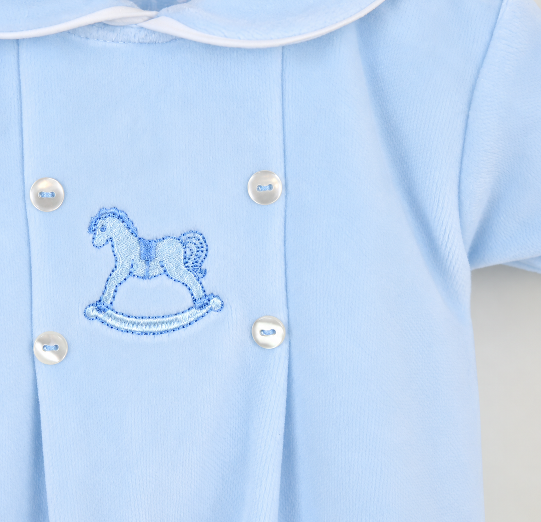 Pex Blue Velour Rocking Horse Babygrow