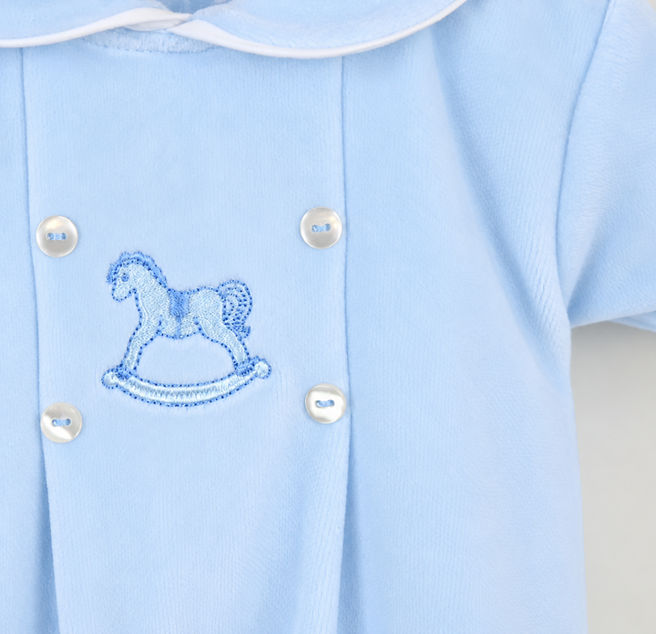 Pex Blue Velour Rocking Horse Babygrow