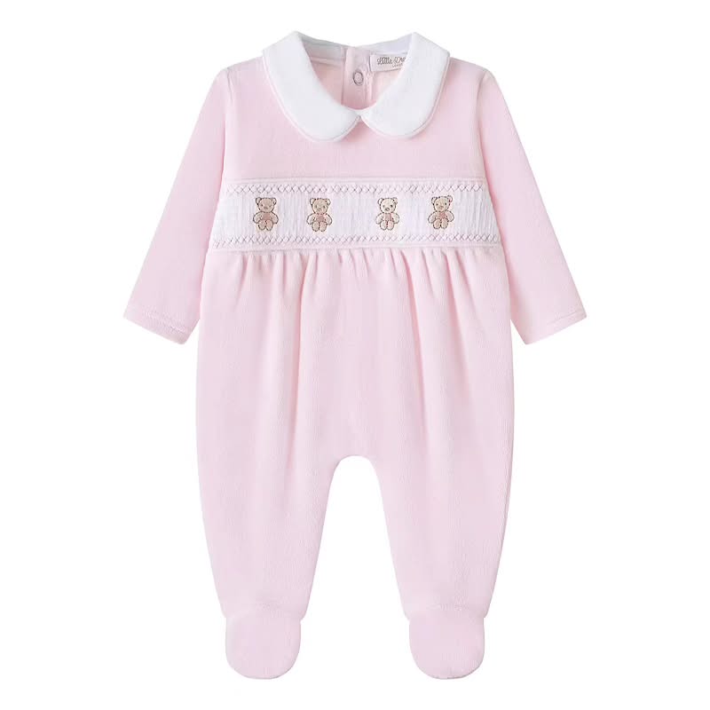 Pink Velour Smocked Teddy Bear Babygrow