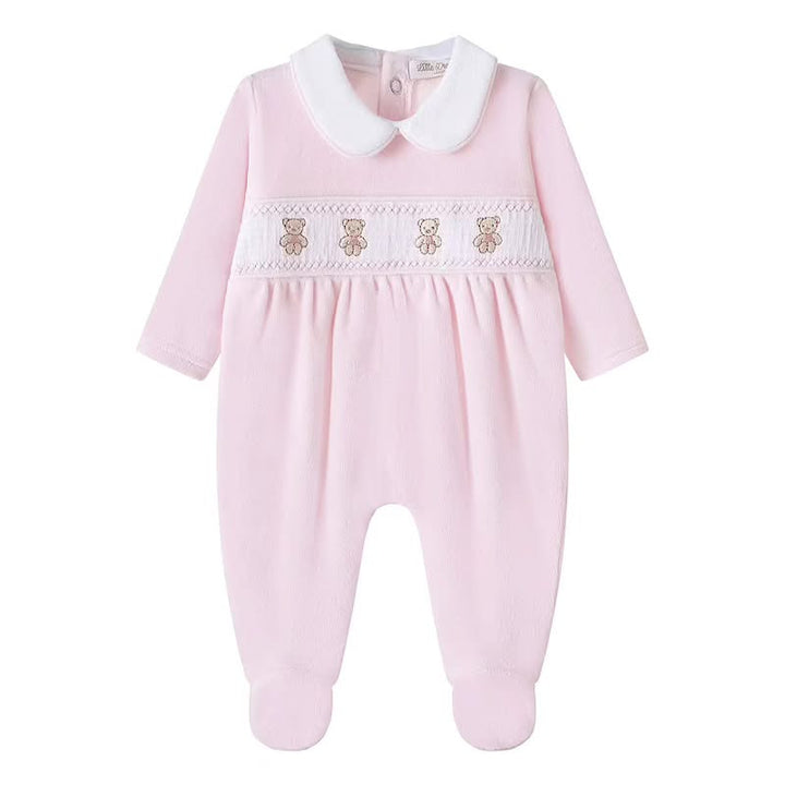 Pink Velour Smocked Teddy Bear Babygrow