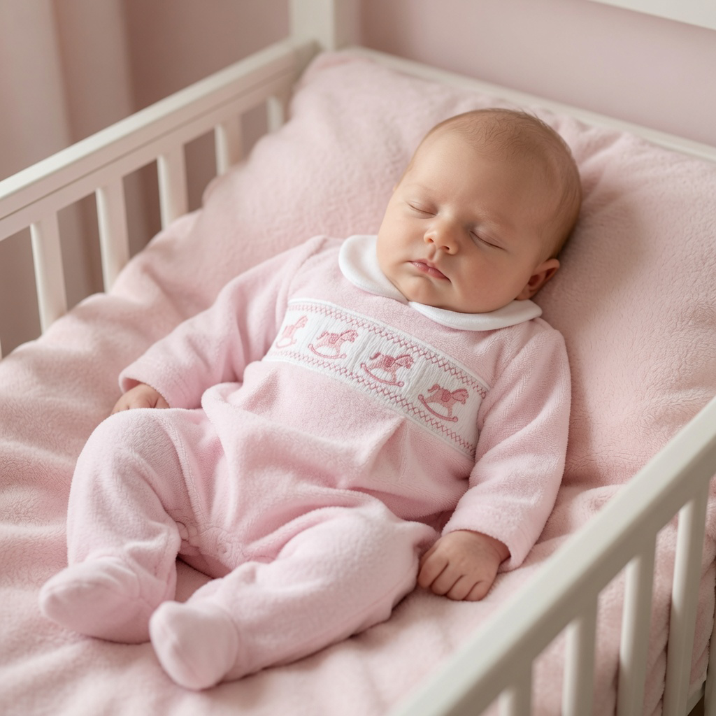 Pink Velour Smocked Rocking Horse Babygrow