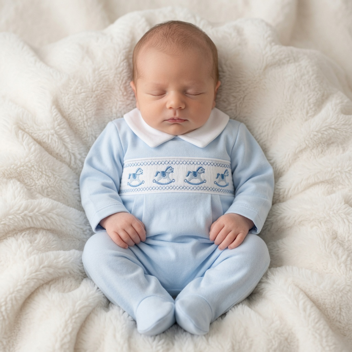Blue Velour Smocked Rocking Horse Babygrow