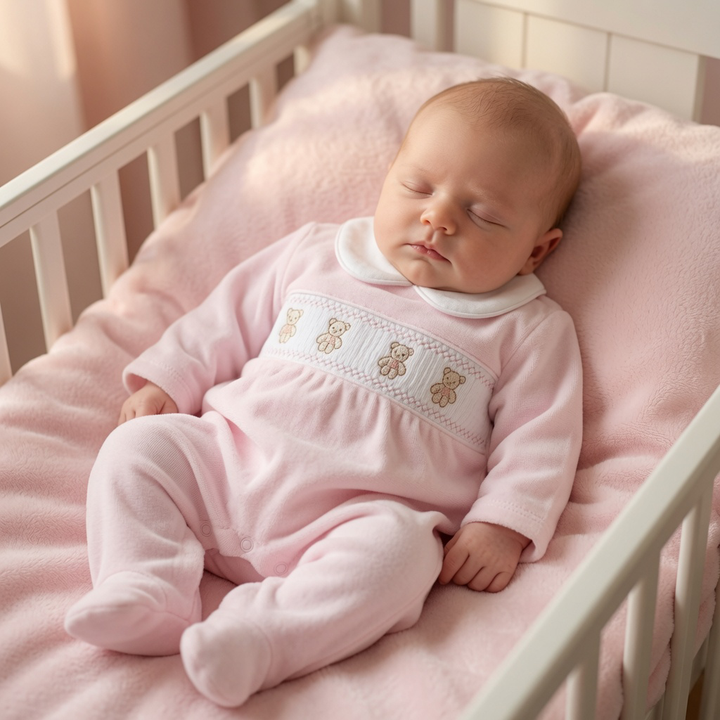 Pink Velour Smocked Teddy Bear Babygrow