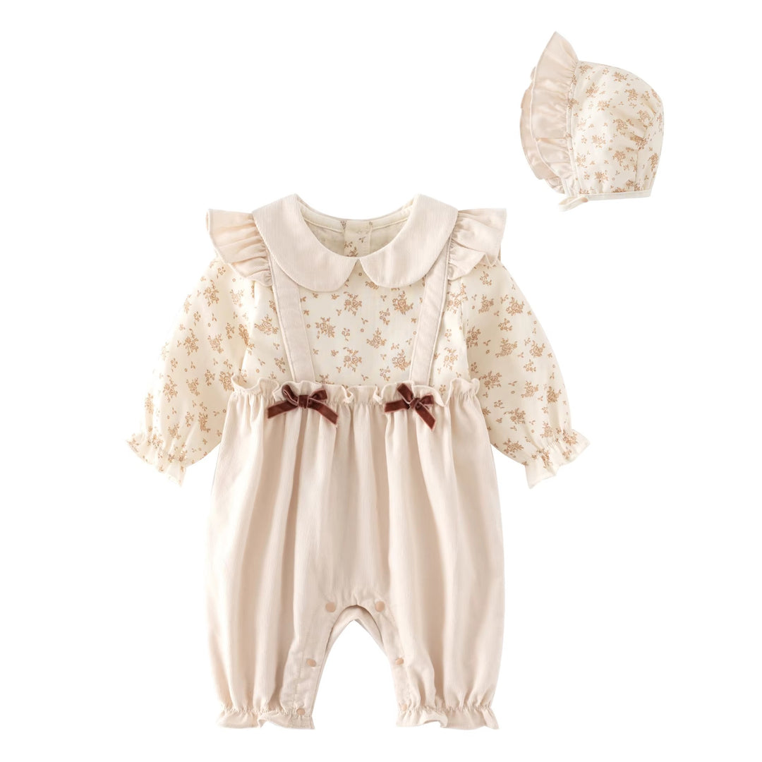 Beige Floral Long Romper & Bonnett