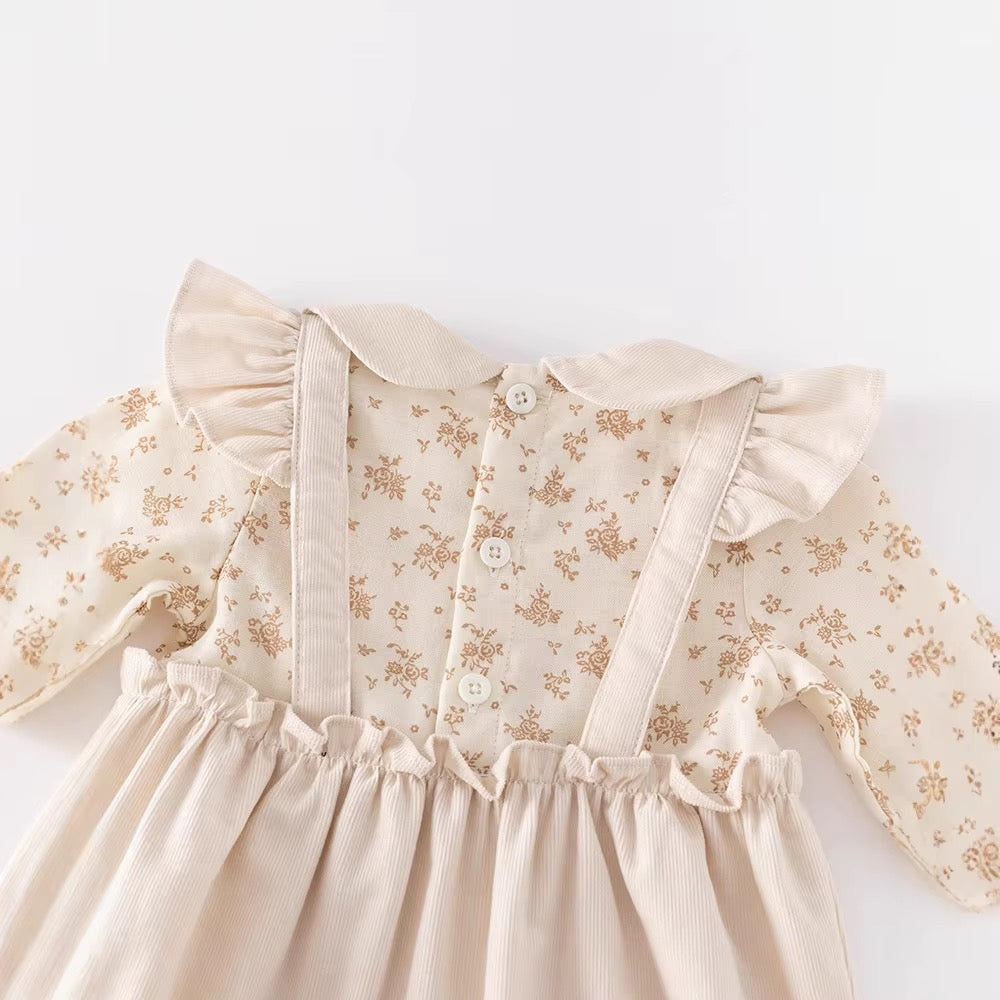 Beige Floral Long Romper & Bonnett