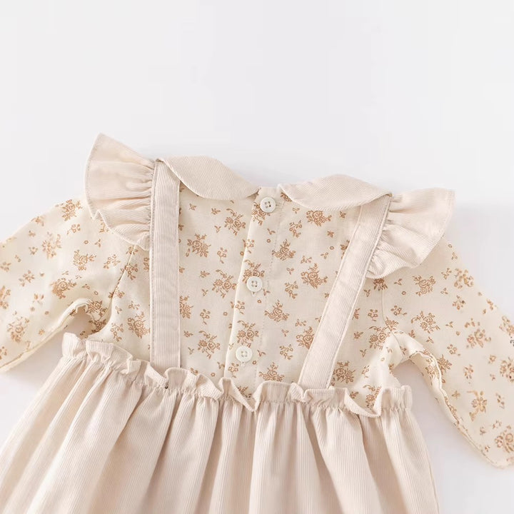 Beige Floral Long Romper & Bonnett