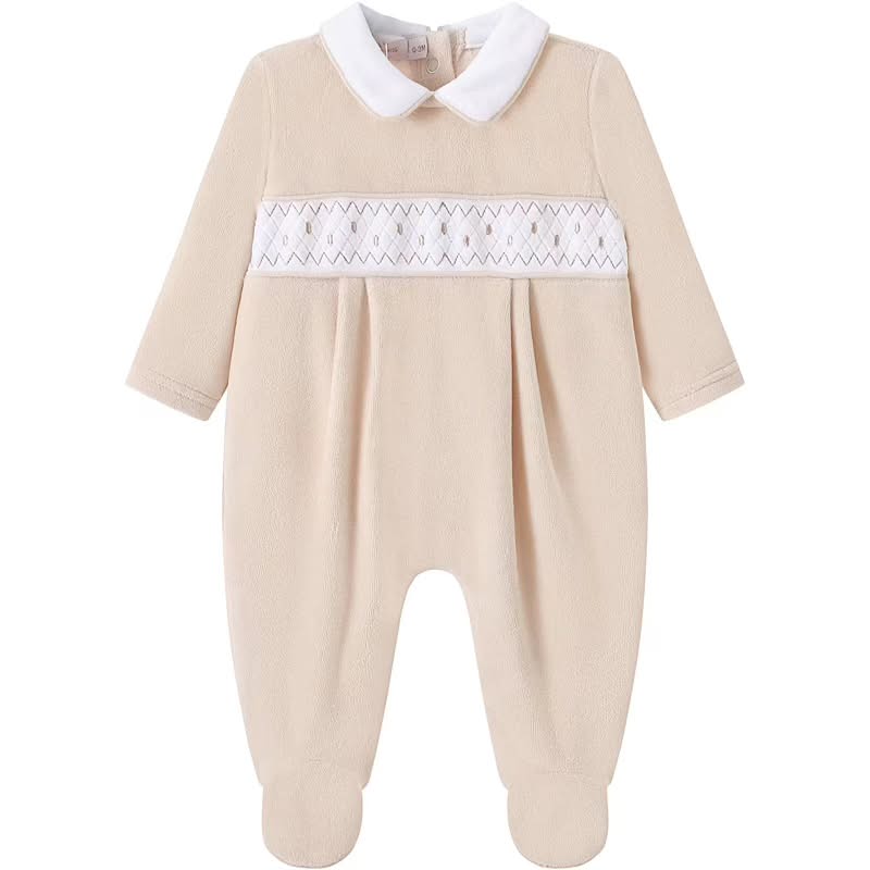 Beige Velour Smocked Babygrow