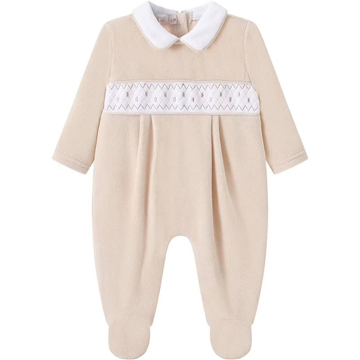 Beige Velour Smocked Babygrow