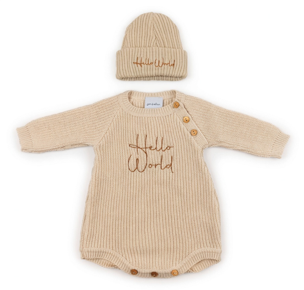 Beige Hello World Romper & Hat Set