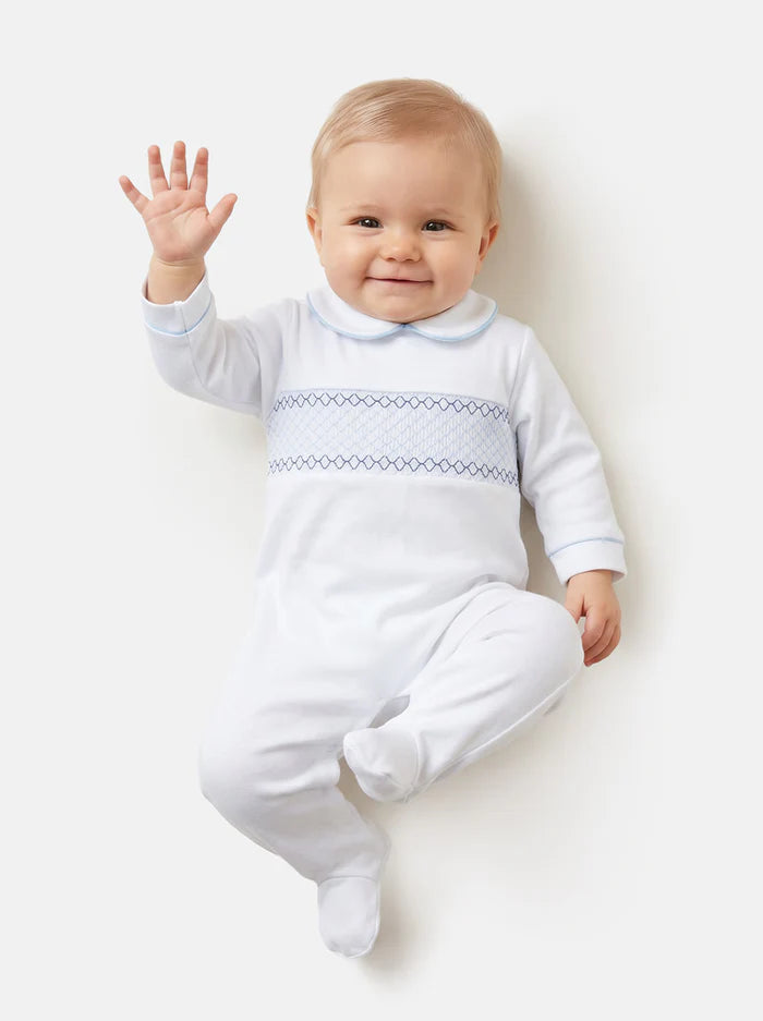White & Blue Cotton Smocked Babygrow