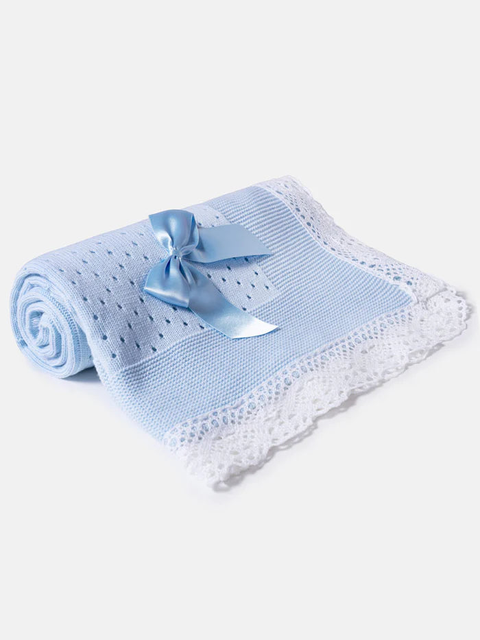 Baby Open Dot Knitted Shawl- Baby Blue & White