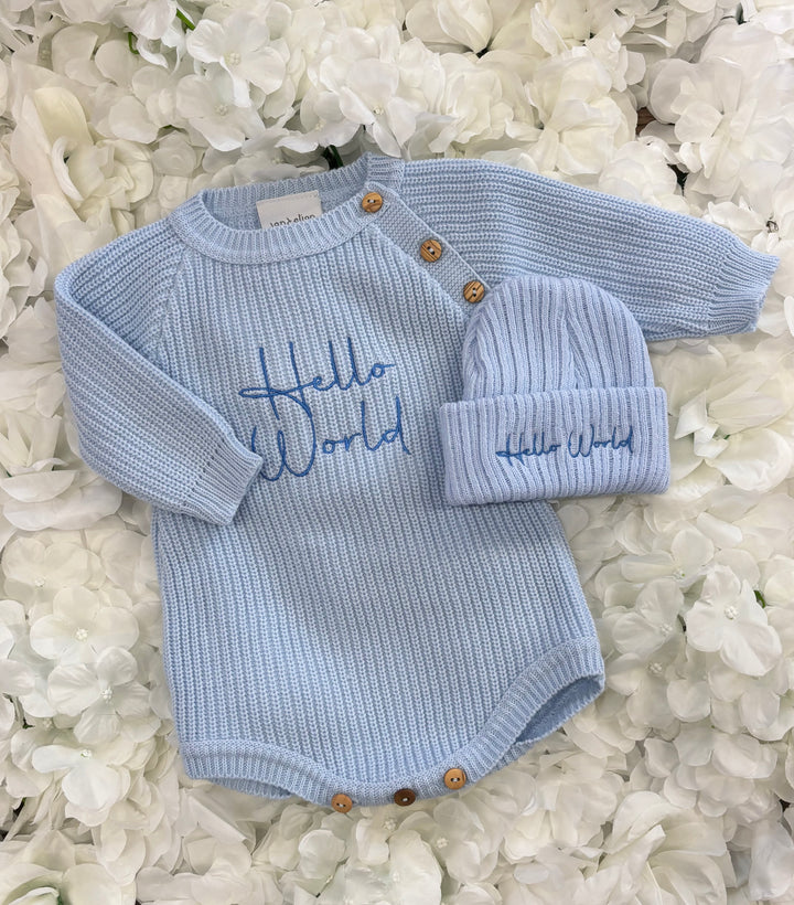 Blue Hello World Romper & Hat Set