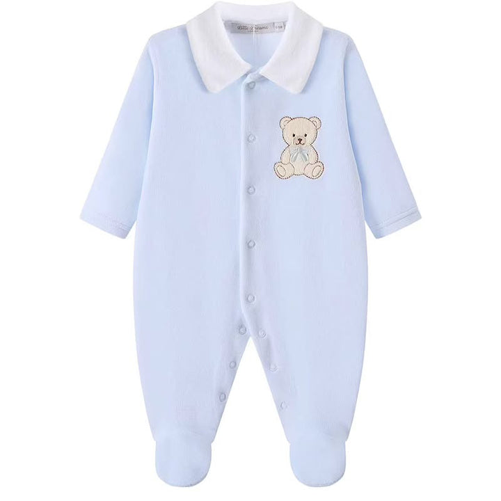 Blue Velour Teddy Embroidered Babygrow