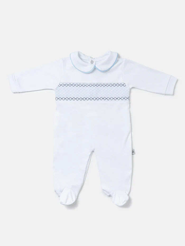 White & Blue Cotton Smocked Babygrow