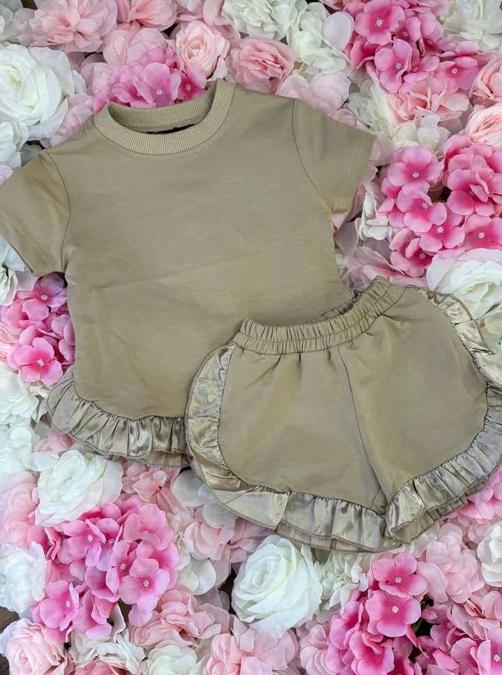 Camel Satin Frill Shorts Set