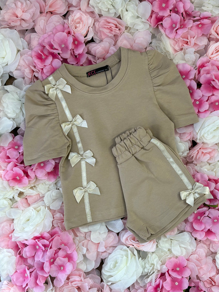 Beige Bow Shorts Set