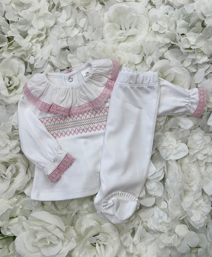 White & Pink Smock Frill Two Piece