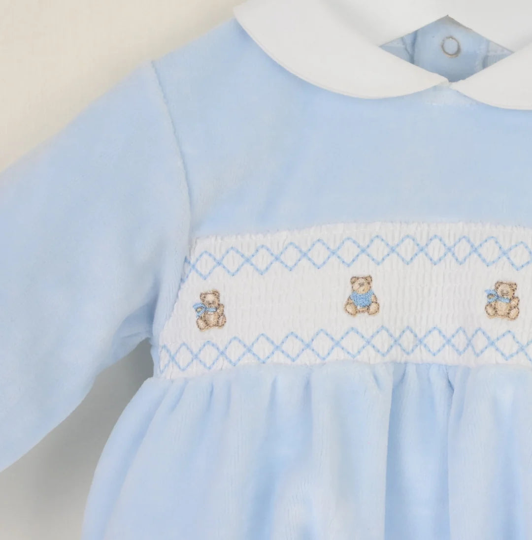 Pex Blue Smocked Teddy Babygrow