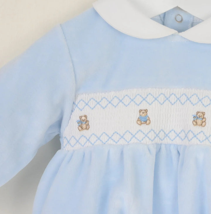 Pex Blue Smocked Teddy Babygrow