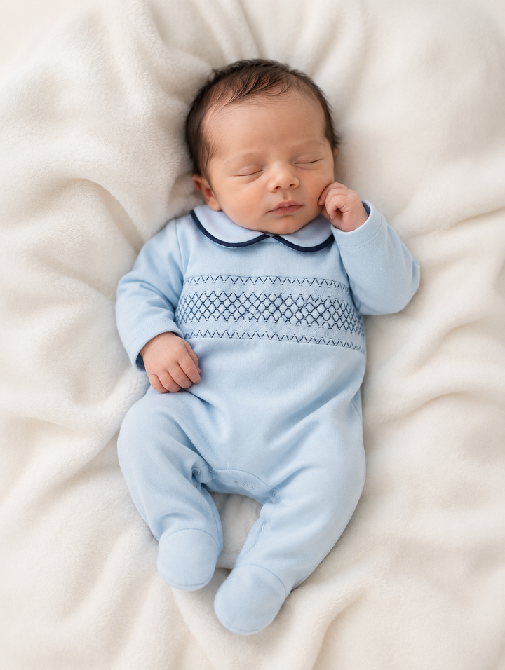 Smocked Blue & Navy Babygrow