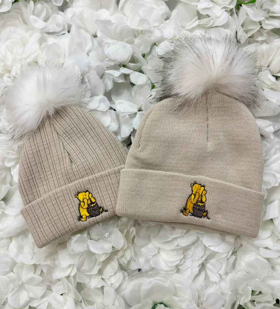 Beige Embroidered Single Pom Hat