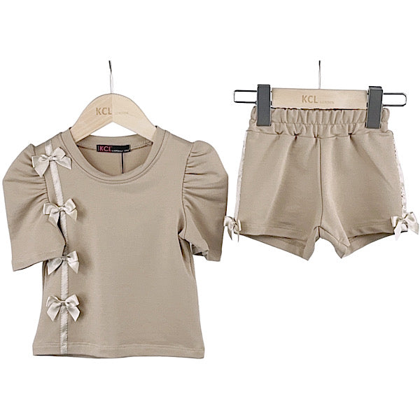 Beige Bow Shorts Set