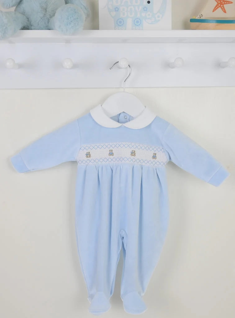 Pex Blue Smocked Teddy Babygrow