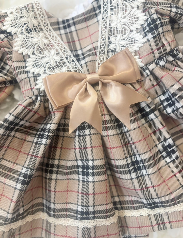 Beige Tartan V Dress