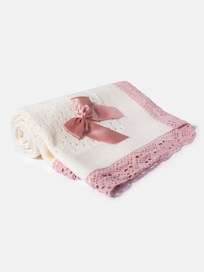 Baby Open Dot Knitted Shawl- Ivory & Dusty Pink