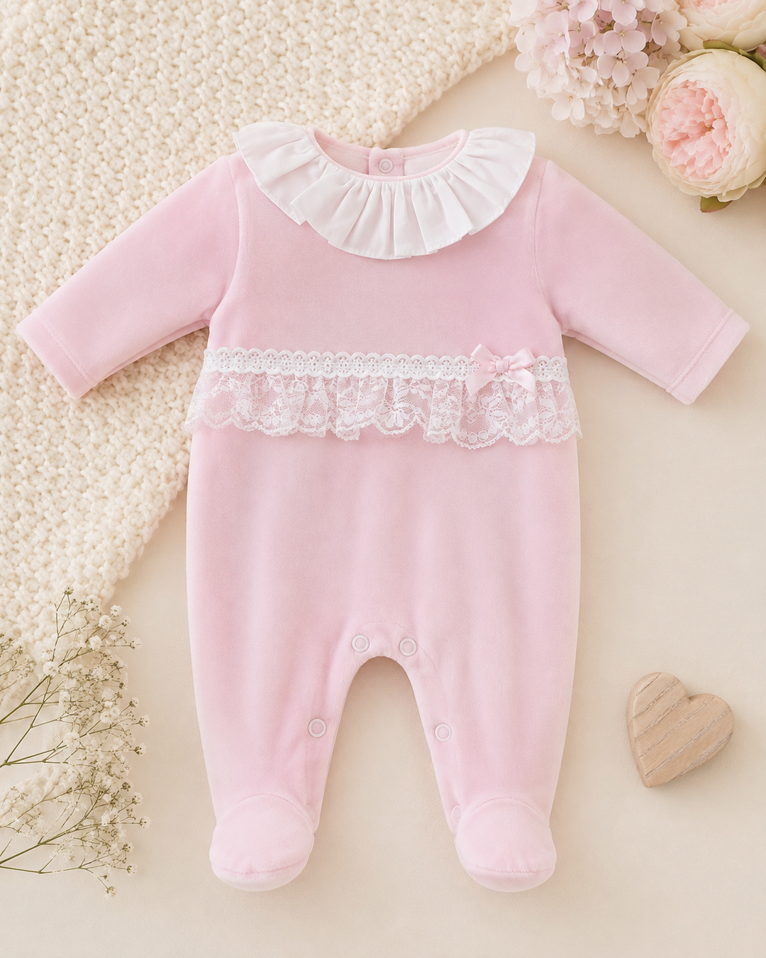 Pink Velour Lace Frill Babygrow