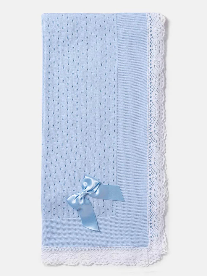 Baby Open Dot Knitted Shawl- Baby Blue & White