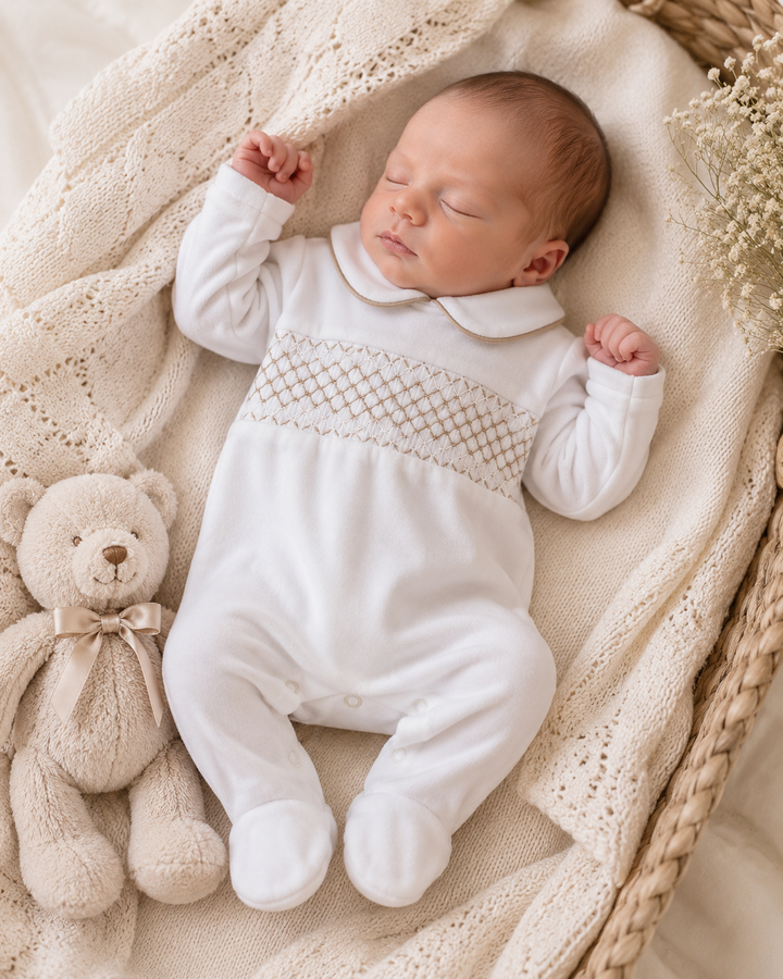 White & Beige Smocked Babygrow