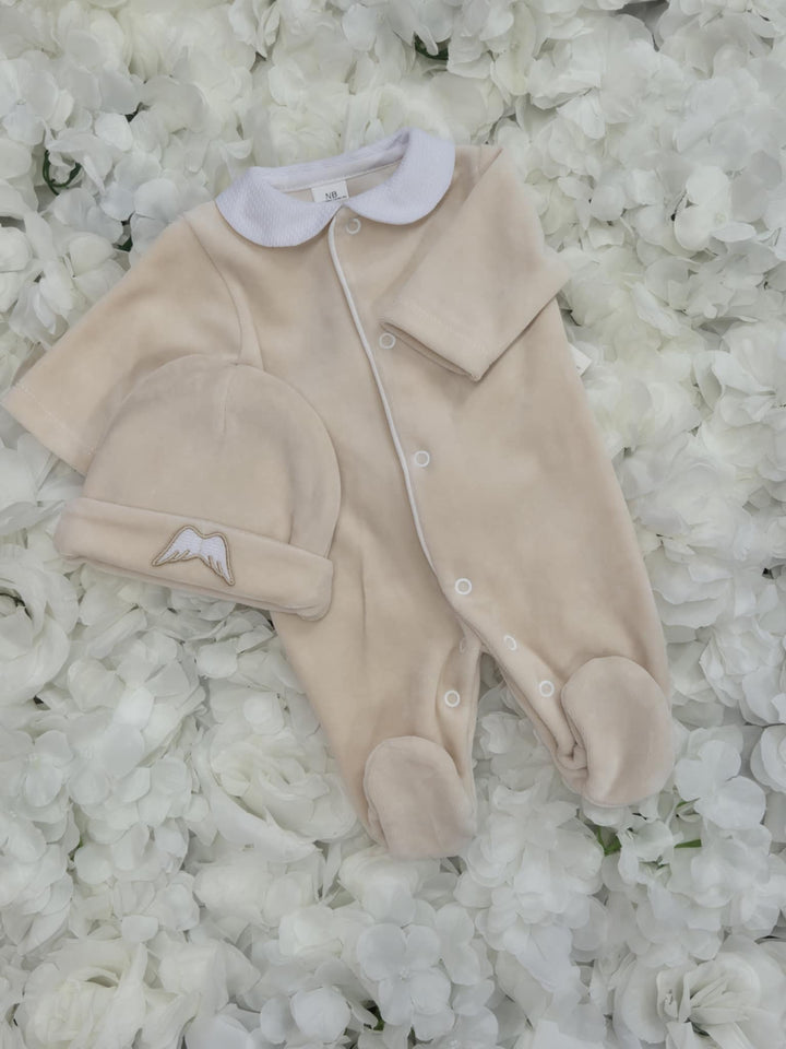 Beige Angel Velour Babygrow & Hat