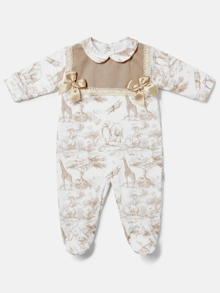 Baby Girls Safari Bow Babygrow- Beige