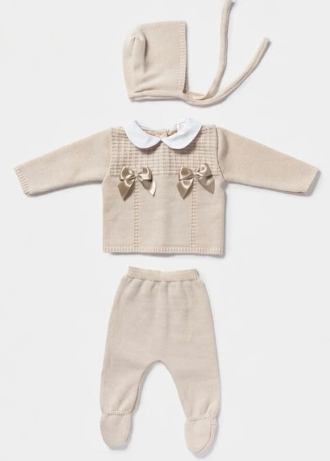 Beige Knit Bow 3 Piece Set