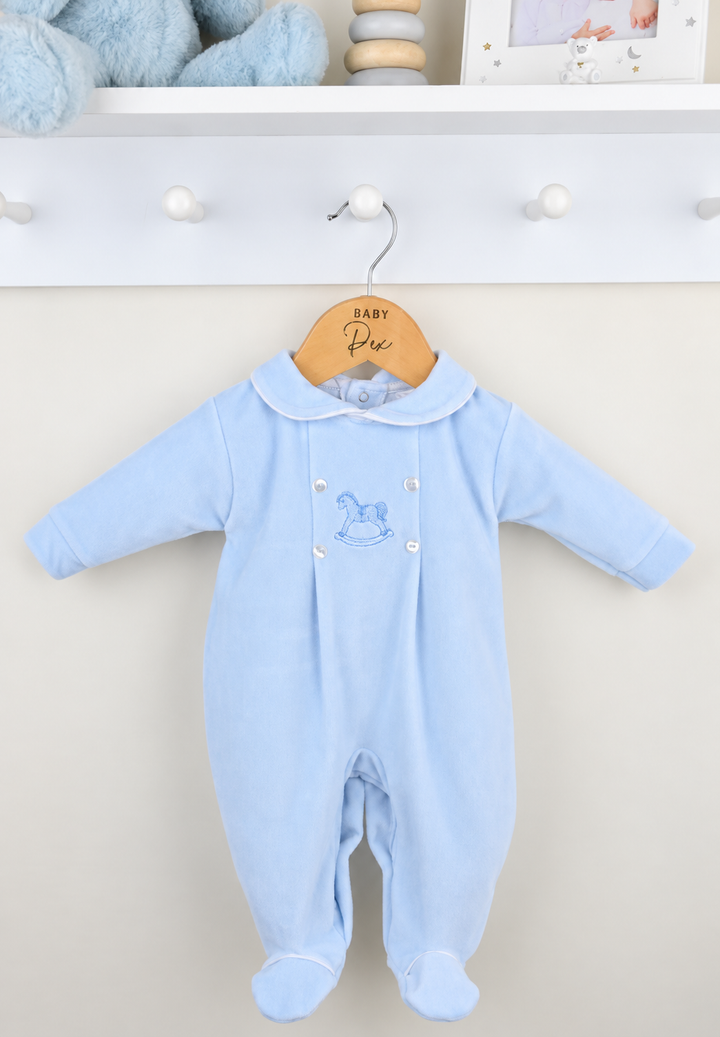 Pex Blue Velour Rocking Horse Babygrow