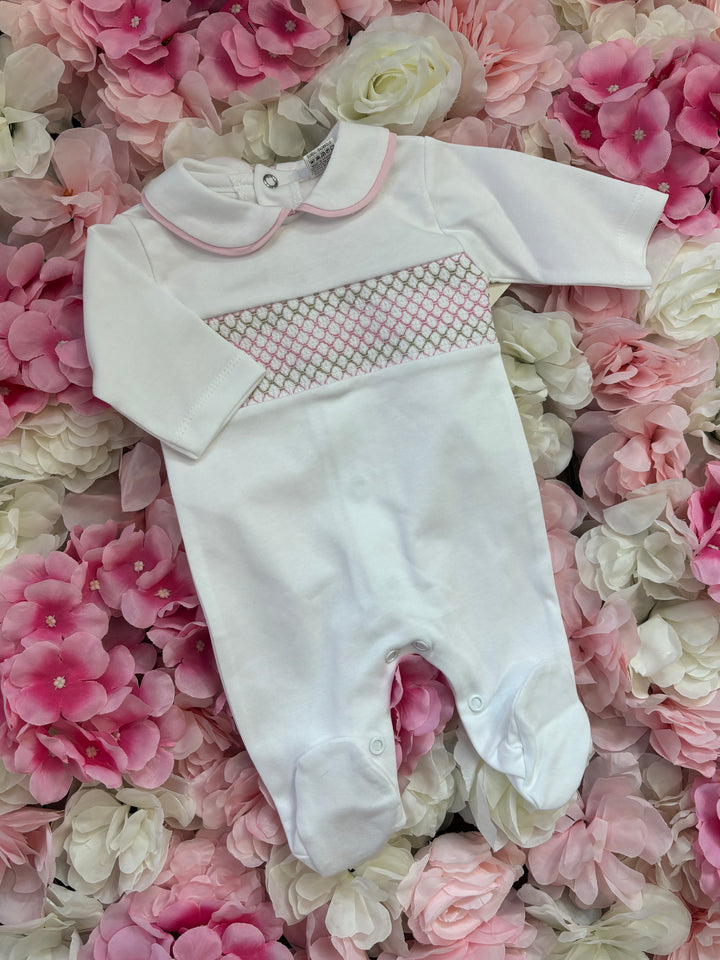 White & Pink Smocked Babygrow