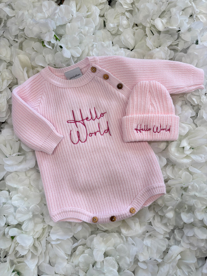 Pink Hello World Romper & Hat Set