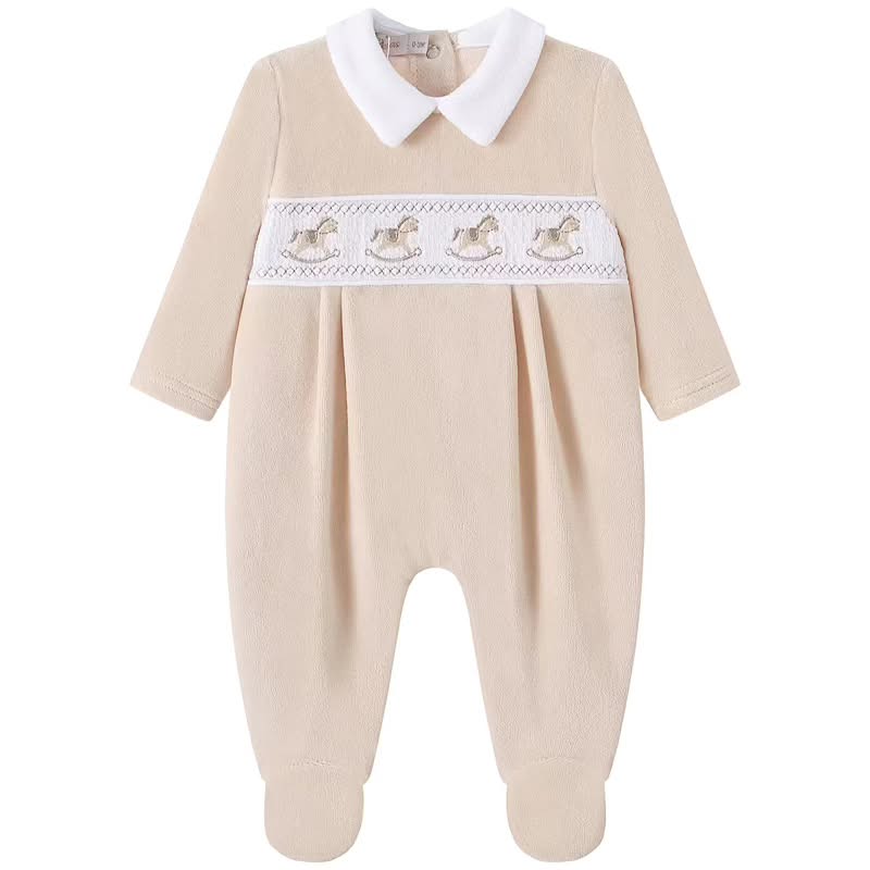 Beige Velour Smocked Rocking Horse Babygrow
