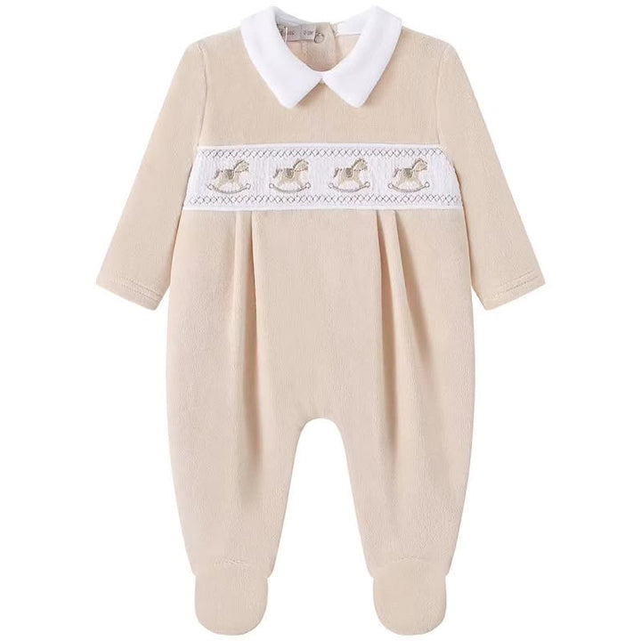 Beige Velour Smocked Rocking Horse Babygrow