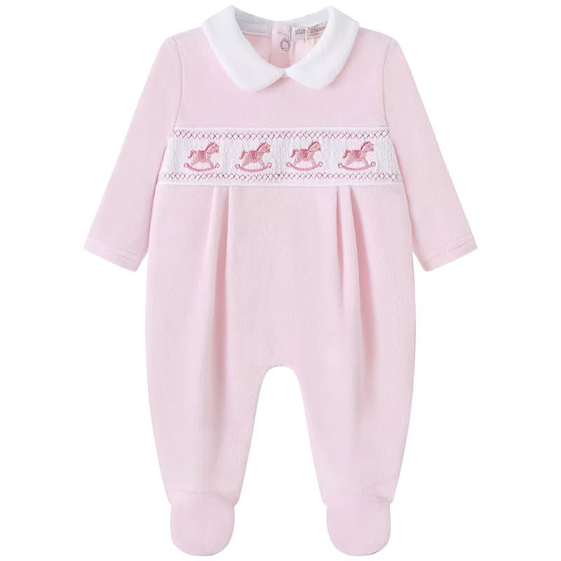Pink Velour Smocked Rocking Horse Babygrow