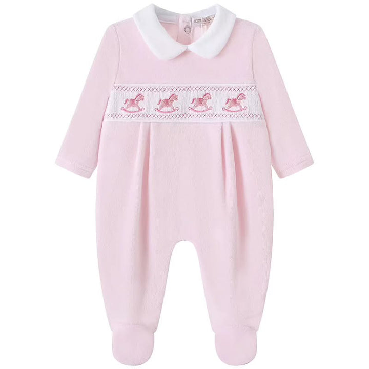 Pink Velour Smocked Rocking Horse Babygrow