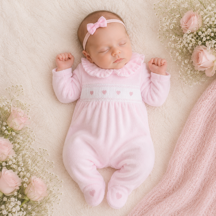 Pink Heart Velour Babygrow