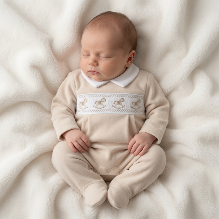 Beige Velour Smocked Rocking Horse Babygrow