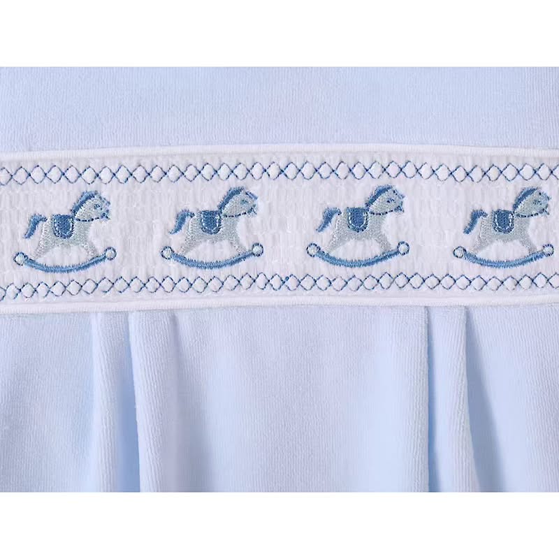 Blue Velour Smocked Rocking Horse Babygrow