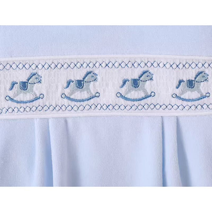 Blue Velour Smocked Rocking Horse Babygrow